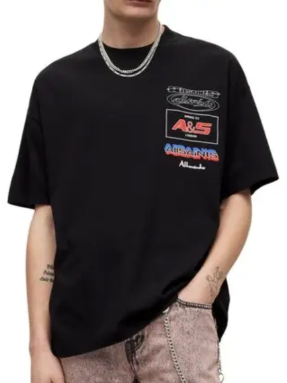 NWT AllSaints Racer Graphic Oversized T-Shirt, Short Sleeve, Cotton, Black, Sz S